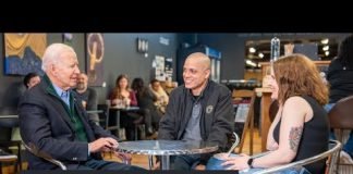 President Biden sits down with Juan and Lauren Vargas from Nowhere Coffee in Emmaus, Pennsylvania