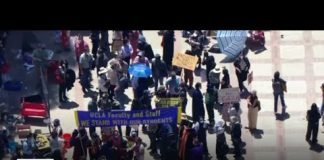 UCLA students and faculty respond to a call for a noontime walkout in support of pro-Palestinian pro