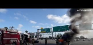 Fiery crash creates traffic backup on 405 Freeway in Orange County