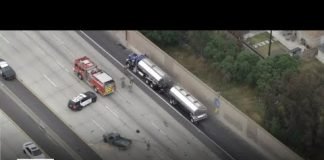 Stolen car pursuit ends as suspect crashes into gasoline tanker on 110 Freeway