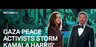 ‘Stop the genocide’: Kamala Harris disrupted on Jimmy Kimmel live
