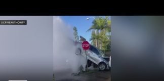 Wild video shows car suspended by gushing water from sheared hydrant after crash in Lake Forest