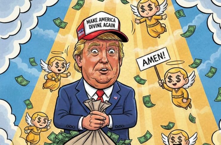 A satirical illustration of Donald Trump collecting "donations for heaven" with angels and money, wearing a "MAKE AMERICA HOLY AGAIN" cap.