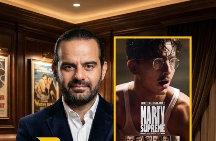 Timothée Chalamet in Marty Supreme, accompanied by film critic Efe Teksoy's review title.